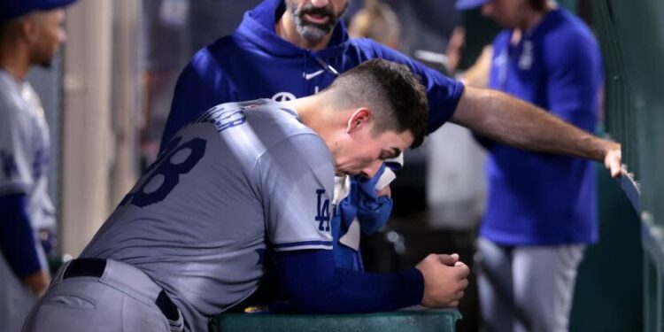 Anaheim, California September 4, 2024-Dodgers pitcher Bobby Miller gave up seven runs to the Angels at Anaheim Stadium Wednesday. (Wally Skalij/Los Angeles Times)