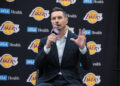 EL SEGUNDO, CA - JULY 02:  Los Angeles Lakers head coach J.J. Redick gives a response during the Los Angeles Lakers welcome press conference for their NBA Draft picks on July 02, 2024, at UCLA Health Training Center in El Segundo, CA. (Photo by Jevone Moore/Icon Sportswire via Getty Images)