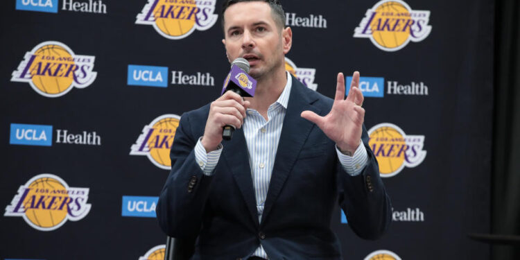 EL SEGUNDO, CA - JULY 02:  Los Angeles Lakers head coach J.J. Redick gives a response during the Los Angeles Lakers welcome press conference for their NBA Draft picks on July 02, 2024, at UCLA Health Training Center in El Segundo, CA. (Photo by Jevone Moore/Icon Sportswire via Getty Images)