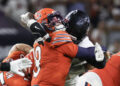 Sep 15, 2024; Houston, Texas, USA; Houston Texans before being called for roughing the passer against Chicago Bears quarterback Caleb Williams (18) in the second half at NRG Stadium. Mandatory Credit: Thomas Shea-Imagn Images