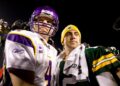 Brett Favre greets Aaron Rodgers