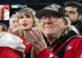 Taylor Swift, left, stands with Donna Kelce after an AFC Championship NFL football game between the Kansas City Chiefs and the Baltimore Ravens on Sunday, Jan. 28, 2024 in Baltimore.