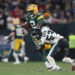 Zack Baun of the Philadelphia Eagles sacks Malik Willis of the Green Bay Packers during the fourth quarter to end the game at Arena Corinthians on September 06, 2024 in Sao Paulo, Brazil.