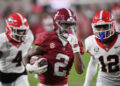 Alabama wide receiver Ryan Williams celebrates the go-ahead touchdown during the Crimson Tide's win over the Georgia Bulldogs on Saturday. (Jeffrey Vest/Icon Sportswire via Getty Images)