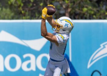 Chargers rookie wide receiver Ladd McConkey catches a pass during practice.