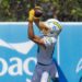 Chargers rookie wide receiver Ladd McConkey catches a pass during practice.