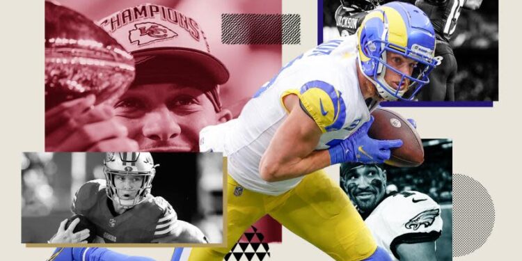 Photo illustration featuring NFL stars Cooper Kupp, Patrick Mahomes, Christian McCaffrey, Jalen Hurts and others.