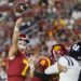 Los Angeles, CA - September 07: USC starting quarterback Miller Moss, #7, left.