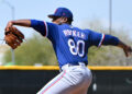 SURPRISE, ARIZONA - MARCH 25, 2023: Kumar Rocker #80 of the Texas Rangers throws a pitch during a minor league spring training game against the Kansas City Royals at Surprise Stadium on March 25, 2023 in Surprise, Arizona. (Photo by David Durochik/Diamond Images via Getty Images)