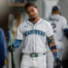 SEATTLE, WA - SEPTEMBER 18: Julio Rodriguez #44 of the Seattle Mariners reacts in the dugout after striking out during the fifth inning of a game against the New York Yankees at T-Mobile Park on September 18, 2024 in Seattle, Washington. (Photo by Stephen Brashear/Getty Images)