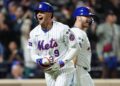 Sep 22, 2024; New York City, New York, USA; New York Mets left fielder Brandon Nimmo (9) reacts to hitting a home run as he rounds the bases against the Philadelphia Phillies during the sixth inning at Citi Field.