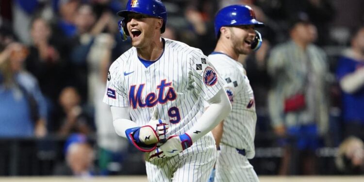 Sep 22, 2024; New York City, New York, USA; New York Mets left fielder Brandon Nimmo (9) reacts to hitting a home run as he rounds the bases against the Philadelphia Phillies during the sixth inning at Citi Field.