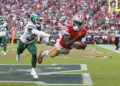 SANTA CLARA, CALIFORNIA - SEPTEMBER 09: Wide receiver Brandon Aiyuk #11 of the San Francisco 49ers drops a catch in the end zone against cornerback Michael Carter II #30 of the New York Jets during the second quarter at Levi's Stadium on September 09, 2024 in Santa Clara, California. (Photo by Lachlan Cunningham/Getty Images)