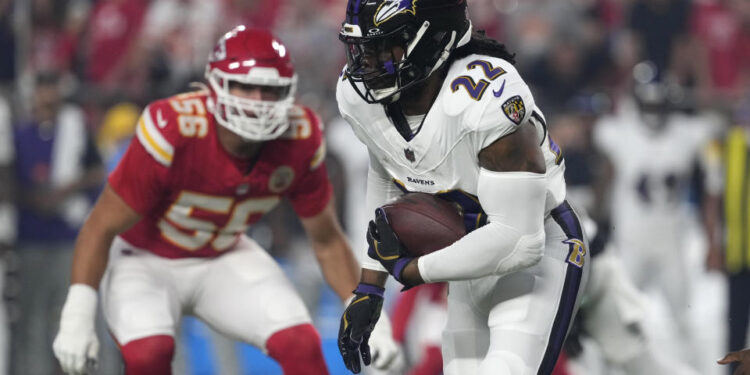 Derrick Henry started his Ravens career with the first touchdown of the 2024 NFL season. (AP Photo/Ed Zurga)