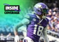 MINNEAPOLIS, MINNESOTA - SEPTEMBER 15: Justin Jefferson #18 of the Minnesota Vikings warms up prior to a game against the San Francisco 49ers at U.S. Bank Stadium on September 15, 2024 in Minneapolis, Minnesota. (Photo by Stephen Maturen/Getty Images)