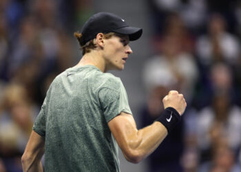 NEW YORK, NEW YORK - SEPTEMBER 02: Jannik Sinner of Italy reacts after winning the second set against Tommy Paul of the United States during their Men's Singles Fourth Round match on Day Eight of the 2024 US Open at USTA Billie Jean King National Tennis Center on September 02, 2024 in the Flushing neighborhood of the Queens borough of New York City. (Photo by Sarah Stier/Getty Images)