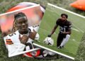 In the background, a Cleveland Browns helmet rests on the field with a photo of David Njoku and Denzel Ward in front