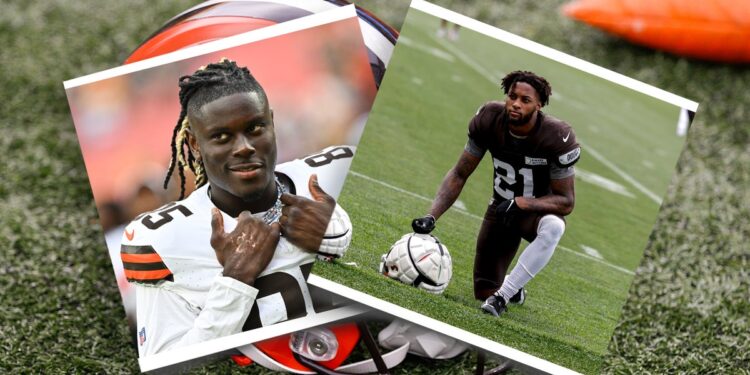 In the background, a Cleveland Browns helmet rests on the field with a photo of David Njoku and Denzel Ward in front