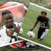 In the background, a Cleveland Browns helmet rests on the field with a photo of David Njoku and Denzel Ward in front