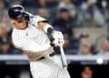 NEW YORK, NEW YORK - SEPTEMBER 25: Aaron Judge #99 of the New York Yankees hits a single against the Baltimore Orioles during the fifth inning at Yankee Stadium on September 25, 2024 in the Bronx borough of New York City. (Photo by Luke Hales/Getty Images)