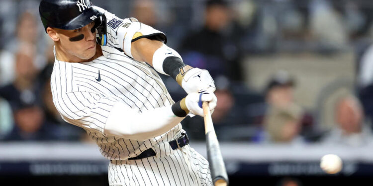 NEW YORK, NEW YORK - SEPTEMBER 25: Aaron Judge #99 of the New York Yankees hits a single against the Baltimore Orioles during the fifth inning at Yankee Stadium on September 25, 2024 in the Bronx borough of New York City. (Photo by Luke Hales/Getty Images)