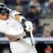 NEW YORK, NEW YORK - SEPTEMBER 25: Aaron Judge #99 of the New York Yankees hits a single against the Baltimore Orioles during the fifth inning at Yankee Stadium on September 25, 2024 in the Bronx borough of New York City. (Photo by Luke Hales/Getty Images)