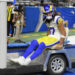 Sep 8, 2024; Detroit, Michigan, USA; Los Angeles Rams wide receiver Puka Nacua (17) is carted off the field after being injured against the Detroit Lions in the first half at Ford Field. Mandatory Credit: Lon Horwedel-Imagn Images