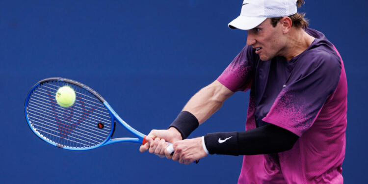 Aug 29, 2024; Flushing, NY, USA; Jack Draper of Great Britain in play against Botic van de Zandschulp of the Netherlands on day six of the 2024 U.S. Open tennis tournament at the USTA Billie Jean King National Tennis Center. Mandatory Credit: Mike Frey-USA TODAY Sports