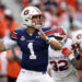 Auburn quarterback Payton Thorne (1) throws a pass during the first half of an NCAA college football game against Oklahoma, Saturday, Sept. 28, 2024, in Auburn, Ala. (AP Photo/Butch Dill)