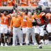 Oklahoma State cornerback Kale Smith (10) returns a interception for a touchdown in the first half of an NCAA college football game against Arkansas, Saturday, Sept. 7, 2024, in Stillwater, Okla. (AP Photo/Mitch Alcala)