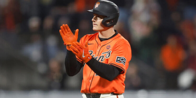 SAN FRANCISCO, CALIFORNIA - AUGUST 30: Matt Chapman #26 of the San Francisco Giants reacts after hitting a three-run double in the bottom of the eighth inning against the Miami Marlins at Oracle Park on August 30, 2024 in San Francisco, California. (Photo by Lachlan Cunningham/Getty Images)