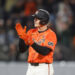 SAN FRANCISCO, CALIFORNIA - AUGUST 30: Matt Chapman #26 of the San Francisco Giants reacts after hitting a three-run double in the bottom of the eighth inning against the Miami Marlins at Oracle Park on August 30, 2024 in San Francisco, California. (Photo by Lachlan Cunningham/Getty Images)