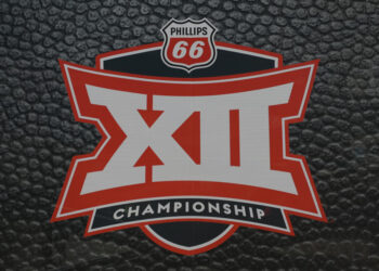 KANSAS CITY, MO - MARCH 16: A general view of the Big 12 Championship logo before the championship game between the Iowa State Cyclones and Kansas Jayhawks on March 16, 2019 at Sprint Center in Kansas City, MO.  (Photo by Scott Winters/Icon Sportswire via Getty Images)