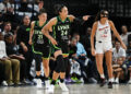 MINNEAPOLIS, MINNESOTA - SEPTEMBER 25: Napheesa Collier #24 of the Minnesota Lynx gestures after making a three-point shot in the second quarter in Game Two of Round One of the WNBA Playoffs against the Phoenix Mercury at Target Center on September 25, 2024 in Minneapolis, Minnesota. NOTE TO USER: User expressly acknowledges and agrees that, by downloading and or using this photograph, User is consenting to the terms and conditions of the Getty Images License Agreement. (Photo by Stephen Maturen/Getty Images)