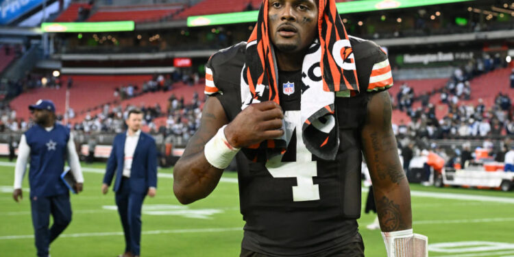 CLEVELAND, OHIO - SEPTEMBER 08: Deshaun Watson #4 of the Cleveland Browns looks on after the game against the Dallas Cowboys at Cleveland Browns Stadium on September 08, 2024 in Cleveland, Ohio. The Cowboys defeated the Browns 33-17. (Photo by Nick Cammett/Getty Images)