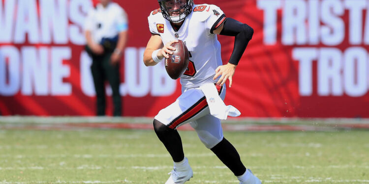 TAMPA, FL - SEPTEMBER 22: Tampa Bay Buccaneers Quarterback Baker Mayfield (6) scrambles for yardage during the game between the Denver Broncos and the Tampa Bay Buccaneers on September 22, 2024 at Raymond James Stadium in Tampa, Florida. (Photo by Cliff Welch/Icon Sportswire via Getty Images)