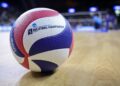 A volleyball on a court before the Division I men's volleyball championship May 6, 2023, in Fairfax, Va.