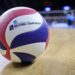 A volleyball on a court before the Division I men's volleyball championship May 6, 2023, in Fairfax, Va.