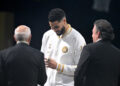 BOSTON, MASSACHUSETTS - OCTOBER 22: Jayson Tatum #0 of the Boston Celtics receives his championship ring from Boston Celtics owners Robert Epstein and Wyc Grousbeck prior to the game against the New York Knicks at TD Garden on October 22, 2024 in Boston, Massachusetts. (Photo by Brian Fluharty/Getty Images)