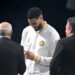 BOSTON, MASSACHUSETTS - OCTOBER 22: Jayson Tatum #0 of the Boston Celtics receives his championship ring from Boston Celtics owners Robert Epstein and Wyc Grousbeck prior to the game against the New York Knicks at TD Garden on October 22, 2024 in Boston, Massachusetts. (Photo by Brian Fluharty/Getty Images)