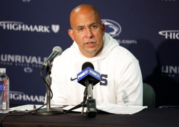 MADISON, WISCONSIN - OCTOBER 26: James Franklin talks to the  media after the game awb at Camp Randall Stadium on October 26, 2024 in Madison, Wisconsin. (Photo by John Fisher/Getty Images)