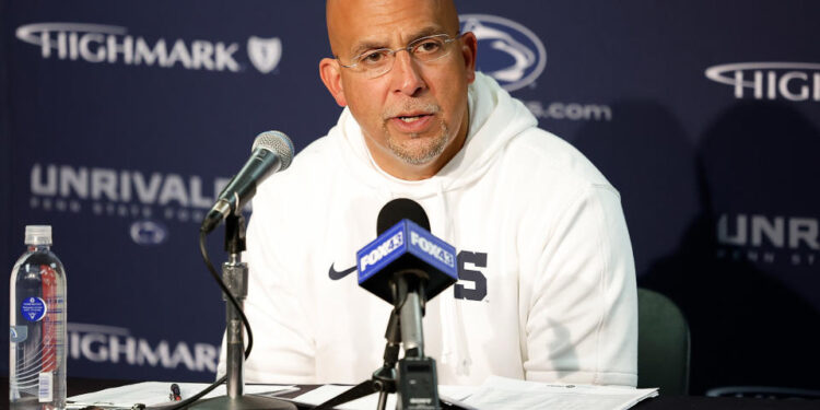 MADISON, WISCONSIN - OCTOBER 26: James Franklin talks to the  media after the game awb at Camp Randall Stadium on October 26, 2024 in Madison, Wisconsin. (Photo by John Fisher/Getty Images)