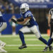 Indianapolis Colts running back Jonathan Taylor (28) runs up the middle during an NFL football game against the Pittsburgh Steelers, Sunday, Sept. 29, 2024, in Indianapolis. The Colts defeated the Steelers 27-24. (AP Photo/Zach Bolinger)