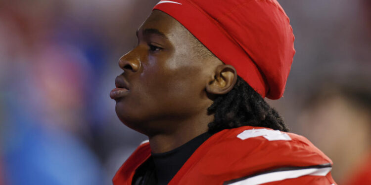 COLUMBUS, OH - SEPTEMBER 07: Ohio State Buckeyes wide receiver Jeremiah Smith (4) looks on during a college football game against the Western Michigan Broncos on September 07, 2024 at Ohio Stadium in Columbus, Ohio. (Photo by Joe Robbins/Icon Sportswire via Getty Images)