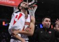 Oct 15, 2024; New York, New York, USA; New York Knicks guard Landry Shamet (44) heads to the locker room after an injury during the second half against the Charlotte Hornets at Madison Square Garden.