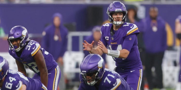 London, United Kingdom - October 6: Sam Darnold of Minnesota Vikings looks on during the NFL match between New York Jets and Minnesota Vikings at Tottenham Hotspur Stadium on October 6, 2024 in London, England. (Photo by Mario Hommes/DeFodi Images via Getty Images)