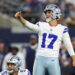 ARLINGTON, TEXAS - SEPTEMBER 22: Kicker Brandon Aubrey #17 of the Dallas Cowboys watches a 51-yard field goal against the Baltimore Ravens during the second quarter at AT&T Stadium on September 22, 2024 in Arlington, Texas. (Photo by Ron Jenkins/Getty Images)