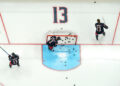 COLUMBUS, OHIO - OCTOBER 15: Columbus Blue Jackets players warm up before the game against the Florida Panthers at Nationwide Arena on October 15, 2024 in Columbus, Ohio. Players from both teams are wearing #13 in warm up jerseys in remembrance of Blue Jackets player Johnny Gaudreau, who along with his brother, was killed by a driver while biking in Salem County, New Jersey in August.  (Photo by Jason Mowry/Getty Images)