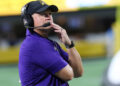 CHARLOTTE, NC - SEPTEMBER 02: Mike Houston head coach of East Carolina during the Duke Mayo Classic college football game between the East Carolina Pirates and Appalachian State Mountaineers on September 2, 2021 at Bank of America Stadium in Charlotte, N.C.  (Photo by John Byrum/Icon Sportswire via Getty Images)