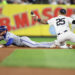 NEW YORK, NEW YORK - OCTOBER 07: Gleyber Torres #25 of the New York Yankees tags out Kyle Isbel #28 of the Kansas City Royals attempting to steal second base in the seventh inning during Game Two of the Division Series at Yankee Stadium on October 07, 2024 in New York City. (Photo by Elsa/Getty Images)